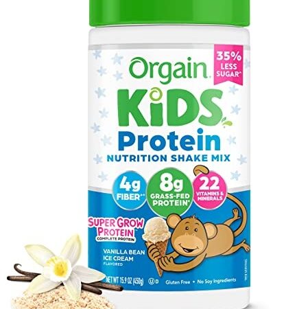 Orgain Kids Protein Powder Shake Mix, Vanilla Bean Ice Cream - 8G Grass-Fed Dairy Protein, 4G Fiber, 22 Vitamins & Minerals, Gluten Free, No Soy Ingre